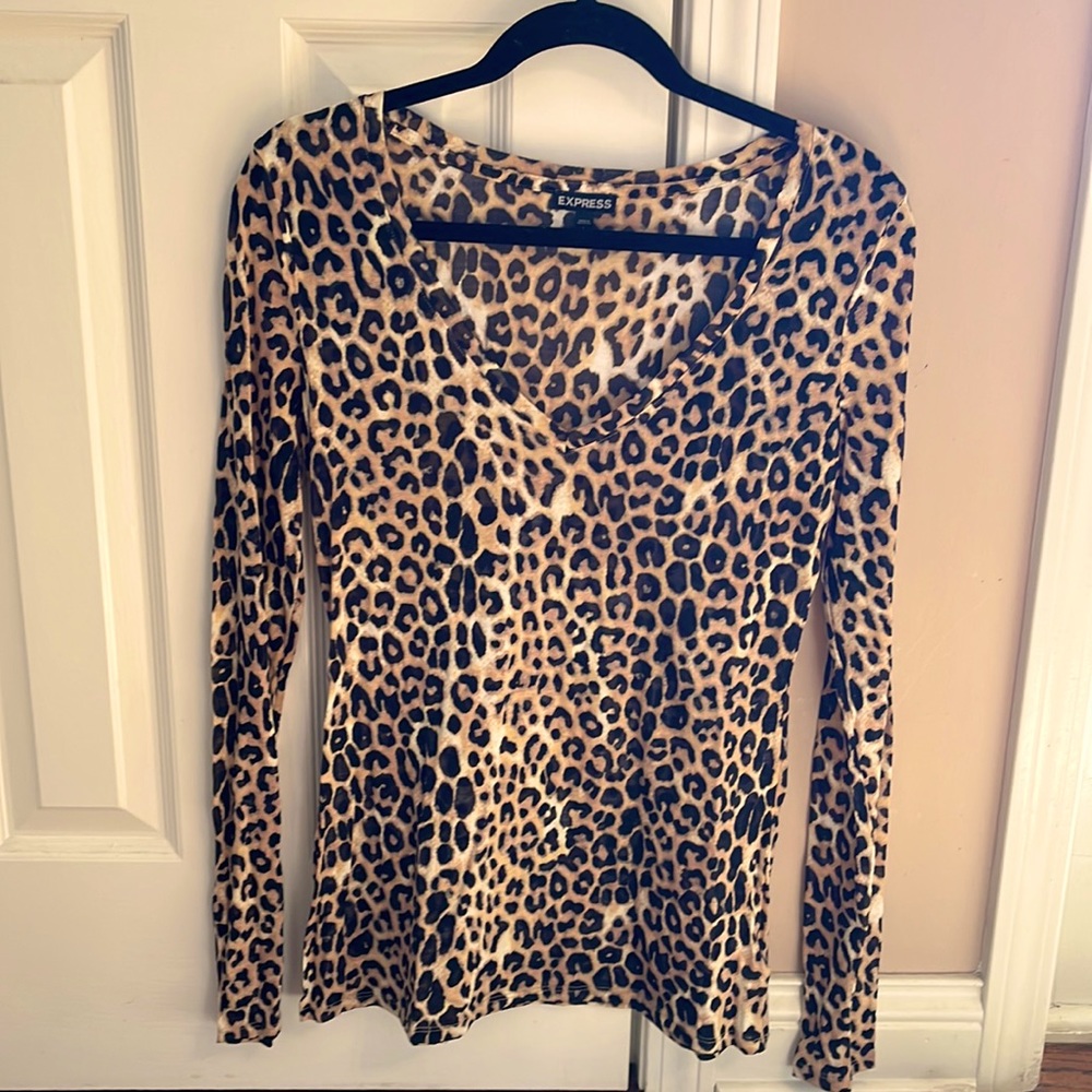 Express long sleeve sheer fitted leopard print top